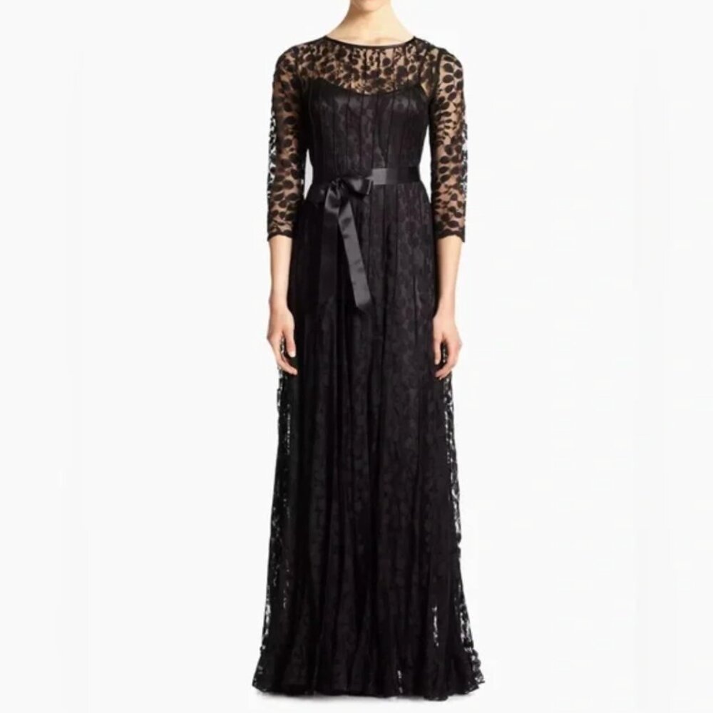 Rickie Freeman Teri Jon Maxi Dress Womens 12 Black Lace Crew Neck 3/4 Sleeve